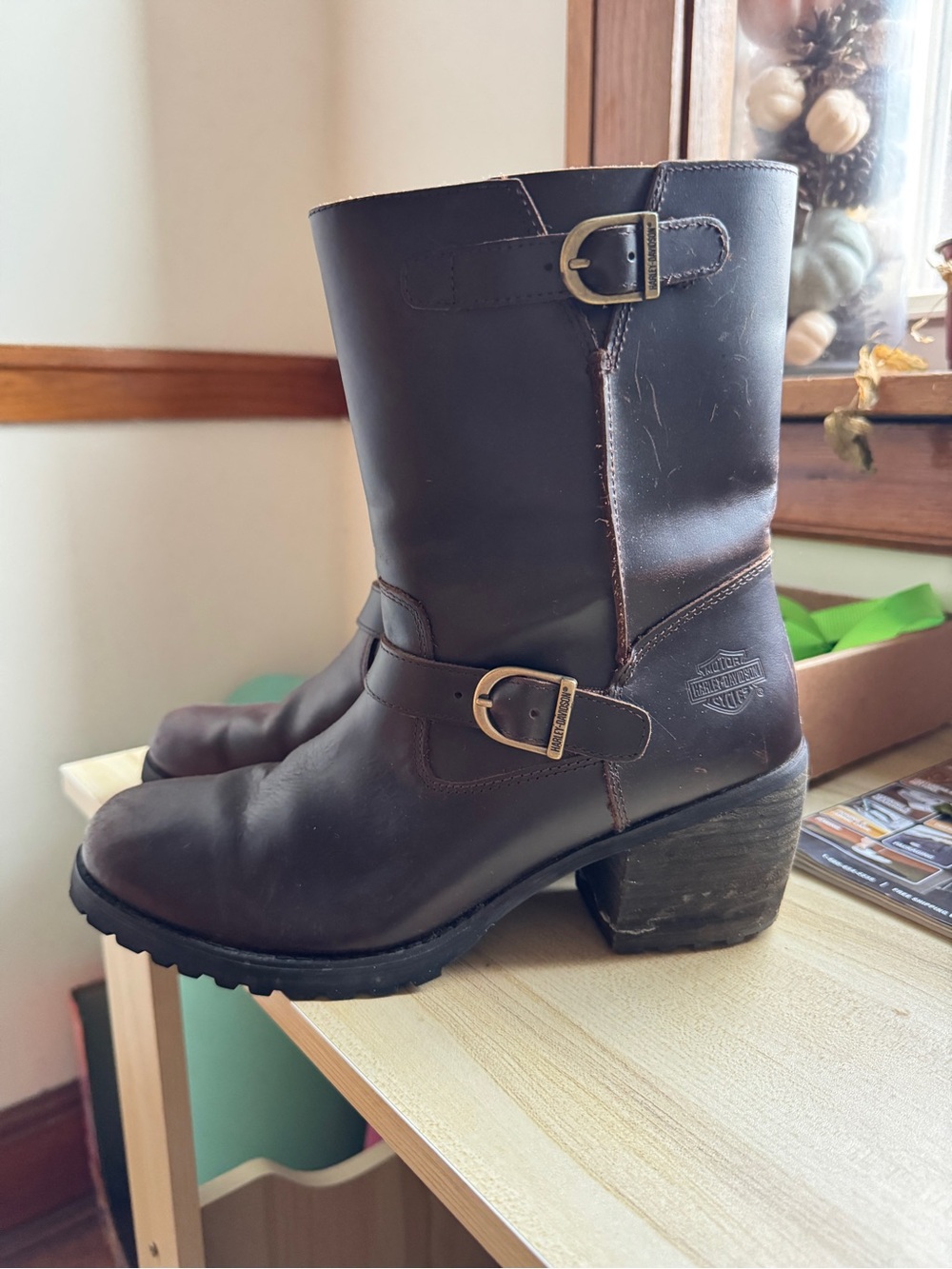 Harley-Davidson Brown Leather Buckle Mid-Calf Heeled Boots